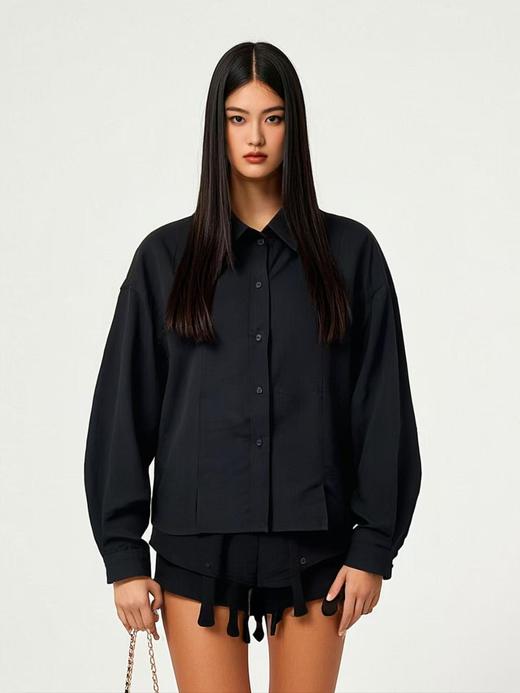 冰点价！仅限11.11！退货勿拍【秋新品】古泥7779 短款小开叉黑色衬衫-喜出 商品图3