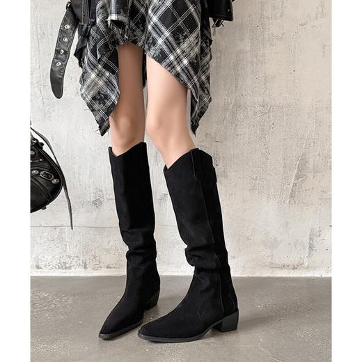 【预售7天】时尚棕色磨砂牛反皮长靴女秋冬款尖头中跟褶皱堆堆靴显瘦高筒骑士靴LD&7468 商品图4