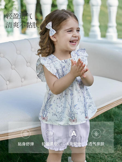 Domiamia 女宝宝梭织飞袖花边方领上衣短袖 夏季外出薄款T恤 商品图0