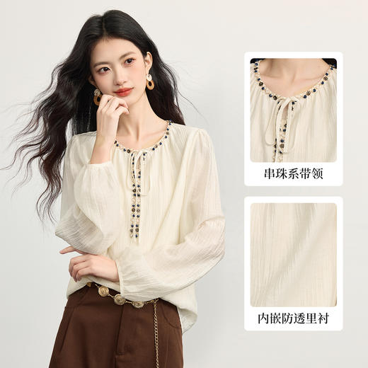 【09/17新品】熙世界波西米亚风长袖天丝衬衫女2025秋季新款串珠系带莱赛尔上衣 商品图1