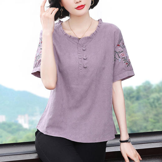 百媚生 纯棉刺绣短袖t恤上衣3266 商品图1