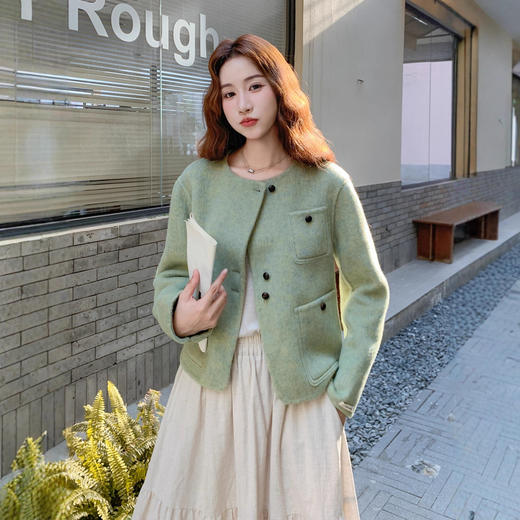 羊毛呢外套2025秋季新款女装圆领小香风绿色呢大衣SLYS9653 商品图1