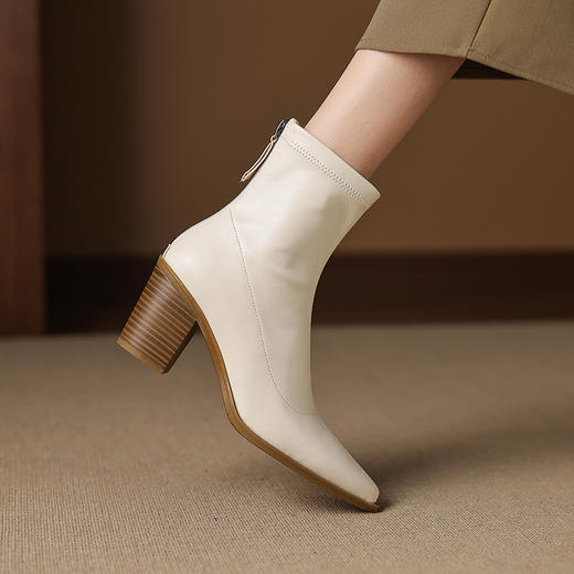 OLD 1245法式复古气质高跟弹力显瘦靴尖头粗跟大码短靴 商品图2