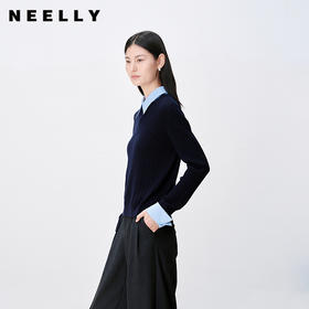 NEELLY纳俪商场同款秋新款简约学院风假两件针织衫女百搭减龄上衣N25083A01115