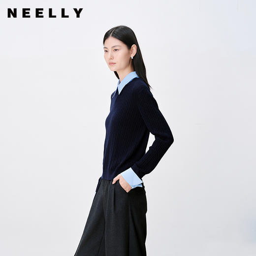 NEELLY纳俪商场同款秋新款简约学院风假两件针织衫女百搭减龄上衣N25083A01115 商品图0