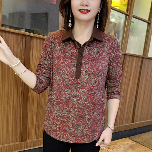 NP-秋季新款时尚纯棉Polo领长袖T恤上衣女中年妈妈装宽松显瘦打底衫 商品图3