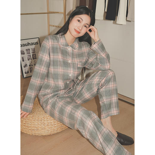 100%棉 格纹磨毛长袖长裤套装 女款  A-5436 商品图6