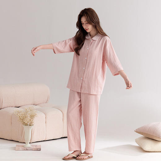 【双层纱七分袖细格纹睡衣】全棉双层纱家居服七分袖细格纹睡衣女士家居服套装 商品图2