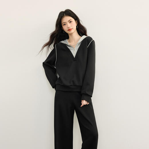 【09/17新品】熙世界懒人休闲套装女2025秋季新款运动风连帽卫衣阔腿长裤两件套 商品图3