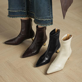 OLD 1266法式真皮尖头粗跟弹力显瘦短靴后拉链踝靴高跟