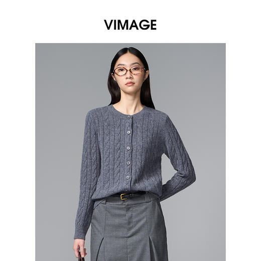VIMAGE纬漫纪绵羊毛复古多色时尚绞花针织开衫上衣2025秋季新款V2401103 商品图3