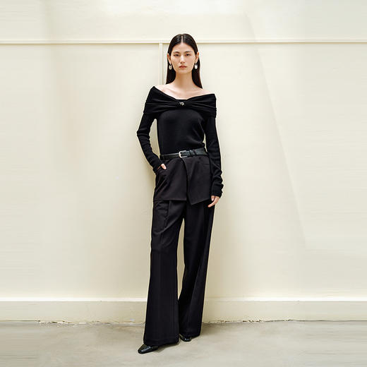 NEELLY纳俪商场同款秋季新款简约宽松阔腿裤女不规则搭片直筒长裤N25083H01130 商品图2