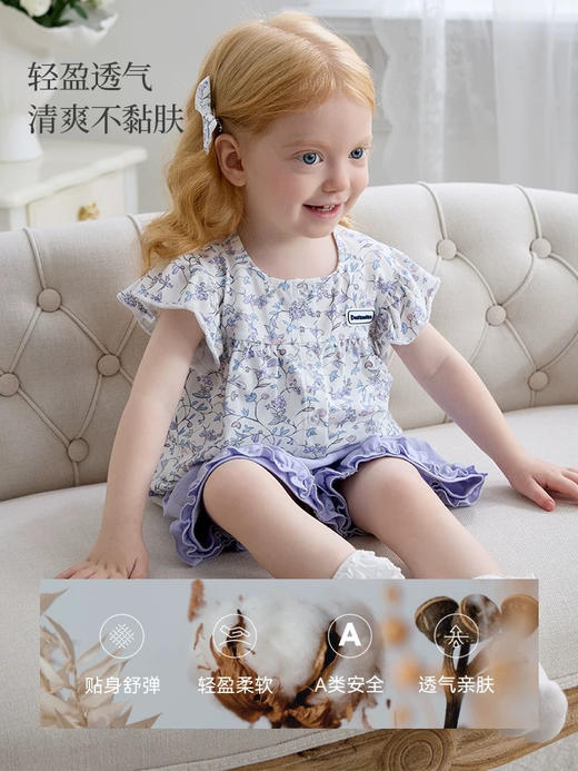 Domiamia 女宝宝针织花边袖开襟上衣T恤 女童透气薄款短袖夏装宝宝 商品图0