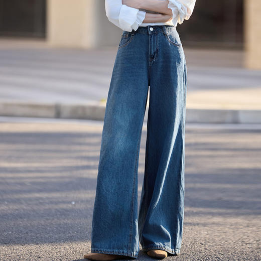 【09/17新品】熙世界环葆水洗棉阔腿牛仔裤女秋季新款遮胯藏肉宽松配腰带直筒裤 商品图4