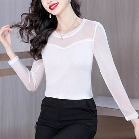 KQL C302N1776圆领钉珠双层网纱洋气修身T恤