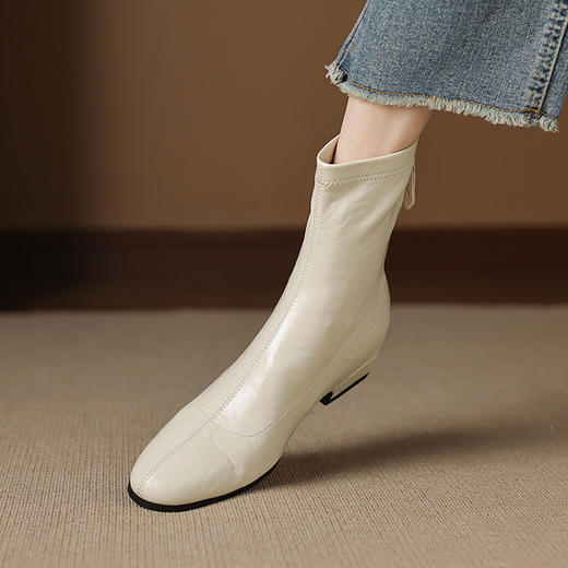 OLD 1232复古方头粗跟短靴法式气质大码弹力瘦瘦靴 商品图0