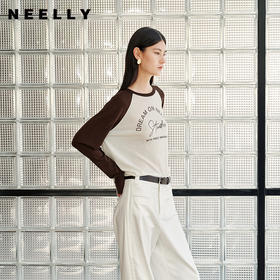 NEELLY纳俪商场同款秋季新款印花趣味撞色T恤女百搭插肩袖上衣N25082A01083