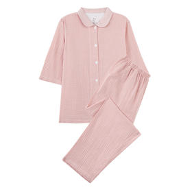 100%棉双层纱 七分袖长裤 细格纹女士家居服  A-6008