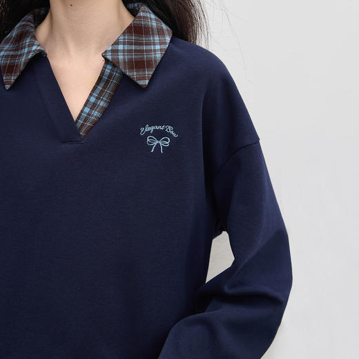 【09/17新品】熙世界MIU系学院假两件卫衣女设计感秋季宽松套头格子POLO领上衣 商品图4