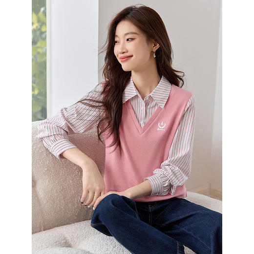 【年终特卖】熙世界学院风条纹衬衫拼接假两件卫衣女时尚别致上衣2025秋季新款 商品图2