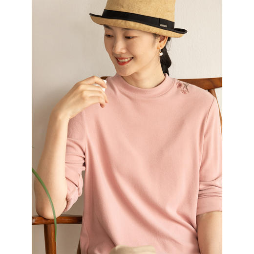 牧衣游原创 棉混纺手工刺绣T恤女秋新款保暖单穿可打底上衣 叁山 商品图1