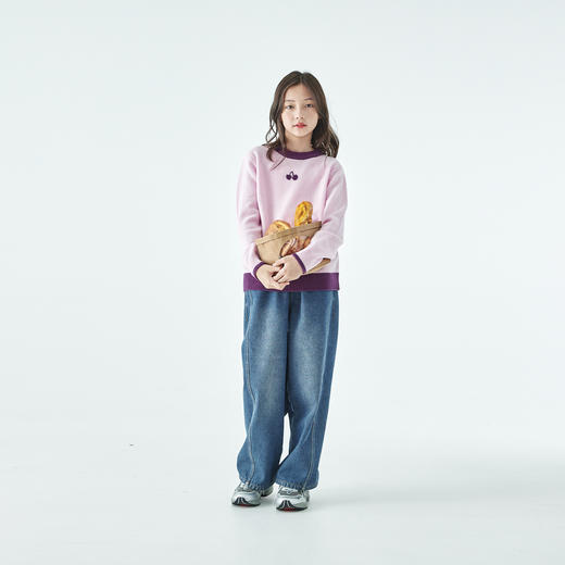 棵初2025年秋冬新款亲子中大女童撞色樱桃圆领毛衣全羊毛保暖上衣 商品图1