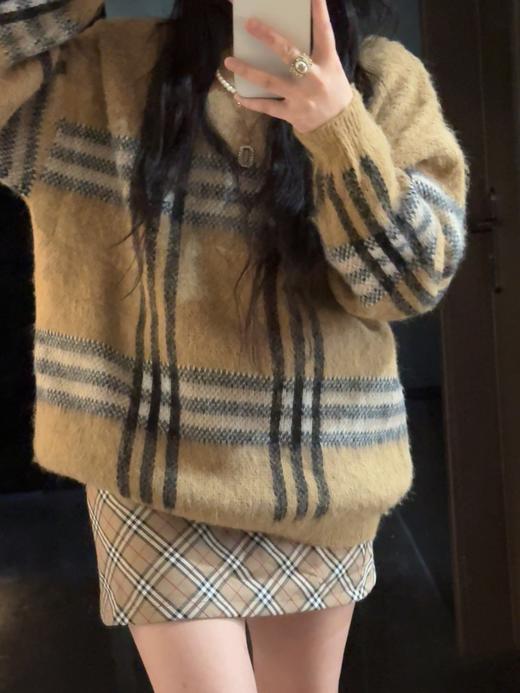 巴家马海毛格纹圆领套头格子毛衣长袖羊绒衫 男女款 商品图8