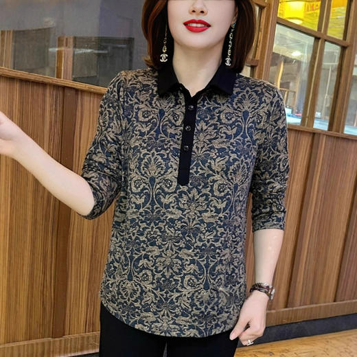 NP-秋季新款时尚纯棉Polo领长袖T恤上衣女中年妈妈装宽松显瘦打底衫 商品图2