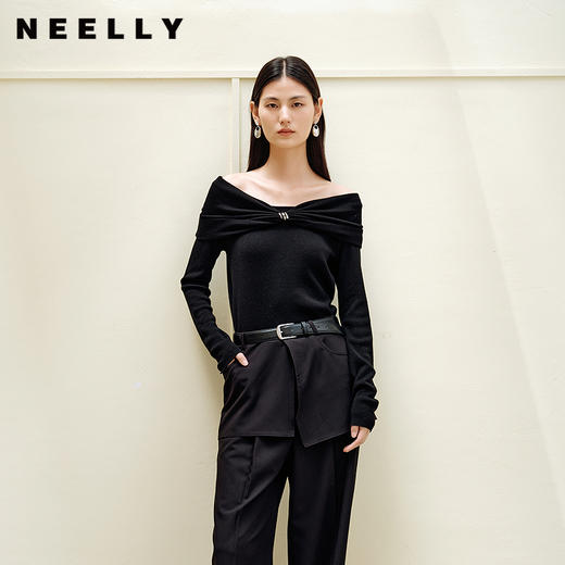 NEELLY纳俪商场同款秋季新款亲肤优雅一字肩针织衫女显瘦舒适上衣N25083A01114 商品图0