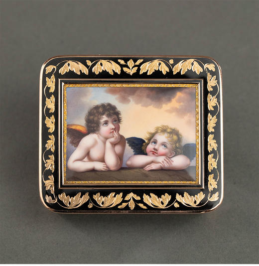 独角鹿西洋古董19世纪德国出品拉斐尔式《西斯廷圣母》主题珐琅彩绘细密画装饰藤蔓纹18K黄金精雕鼻烟盒 商品图0