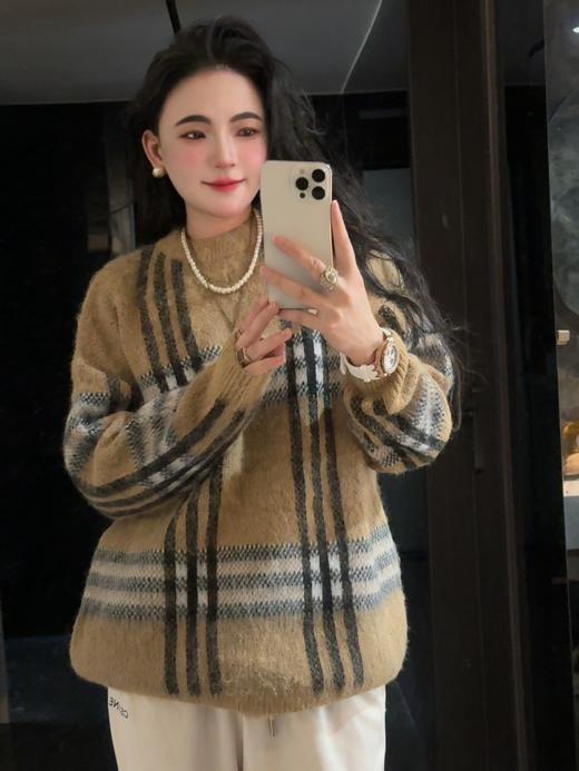 巴家马海毛格纹圆领套头格子毛衣长袖羊绒衫 男女款 商品图9