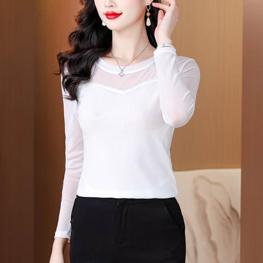 KQL C302N1776圆领钉珠双层网纱洋气修身T恤 商品图1