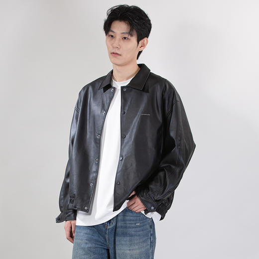 DRONKOO 2025 翻领左金属扣斜口袋下摆橡筋蛋白皮中厚皮衣 商品图2