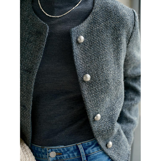 HeyDress圆领毛边粗花呢外套 商品图1