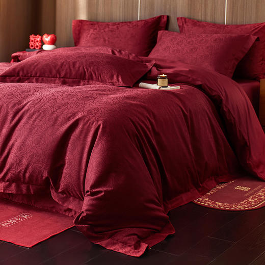 【长绒棉贡缎提花100S四件套】简约中式婚庆四件套长绒棉贡缎提花100S纯棉嫁娶红色全棉结婚床品 商品图8