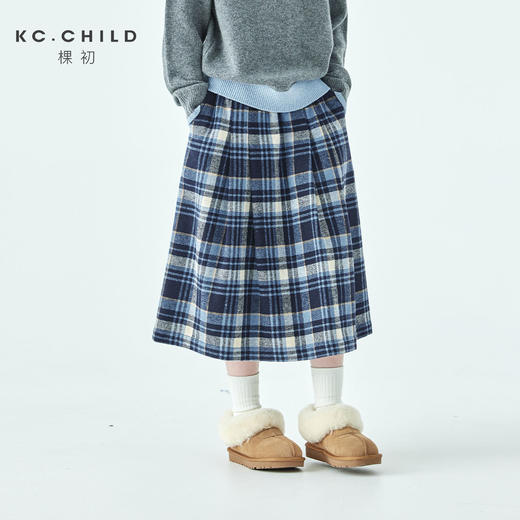 棵初2025年秋冬新款亲子中大女童学院蓝白格纹半裙清新文艺风裙子 商品图0