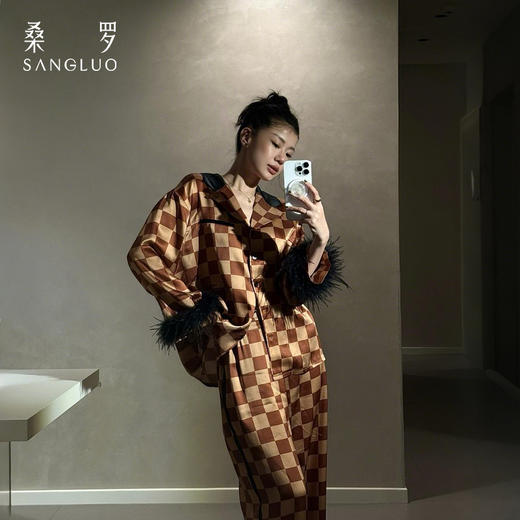 复古时尚』桑罗摩卡格纹真丝羽毛家居服100%桑蚕丝休闲舒适可外穿 商品图1