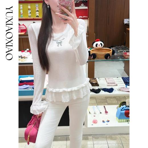 余潇潇【甜心芭蕾】浪漫温柔蝴蝶结印花圆领经典弹力荷叶边针织衫 商品图3