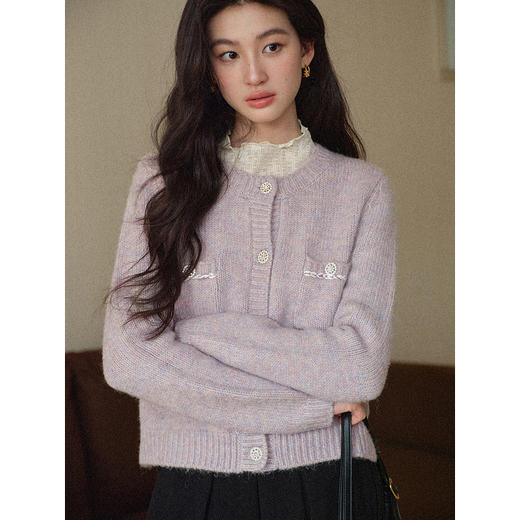 鹿向南2025秋季新款温柔风紫色短款宽松毛衣女小香风气质圆领上衣L578136 商品图2