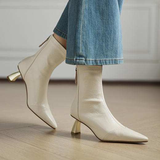 OLD 1266法式真皮尖头粗跟弹力显瘦短靴后拉链踝靴高跟 商品图2