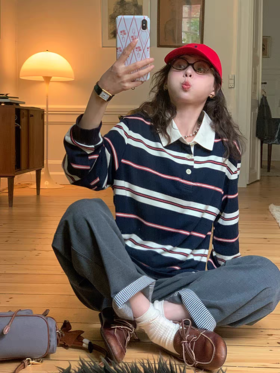 浮生八记/25C111/英式撞色条纹polo衫