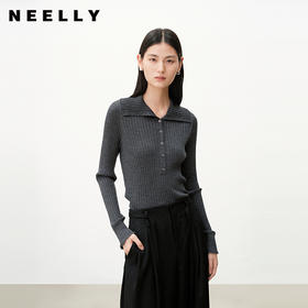NEELLY纳俪商场同款秋季新款百搭翻领修身针织衫女显瘦气质上衣N25083A01112