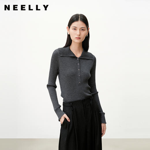 NEELLY纳俪商场同款秋季新款百搭翻领修身针织衫女显瘦气质上衣N25083A01112 商品图0