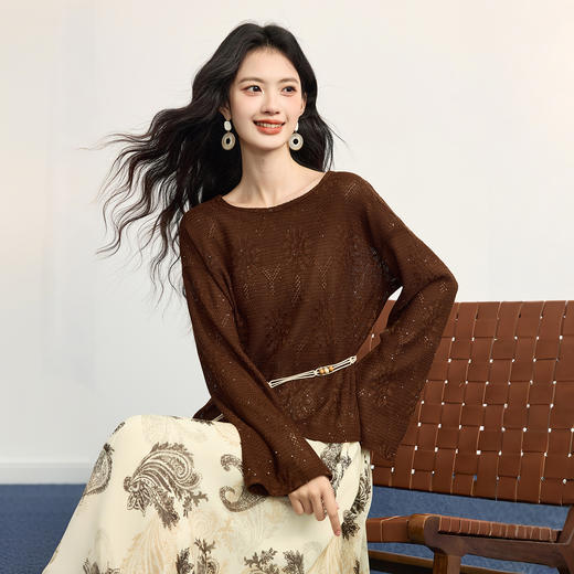 【周末秒杀】熙世界气质穿搭一整套女秋季复古亮丝针织衫腰果印花半身裙两件套 商品图4