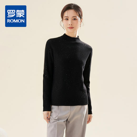 罗蒙女士羊毛衫半高领金丝珠片套头显瘦针织衫休闲打底百搭毛衣上衣女 商品图0