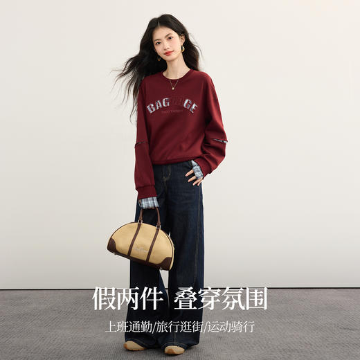 【周末秒杀】熙世界安可雷风撞色拼接长袖字母卫衣女秋季新款宽松休闲圆领上衣 商品图2