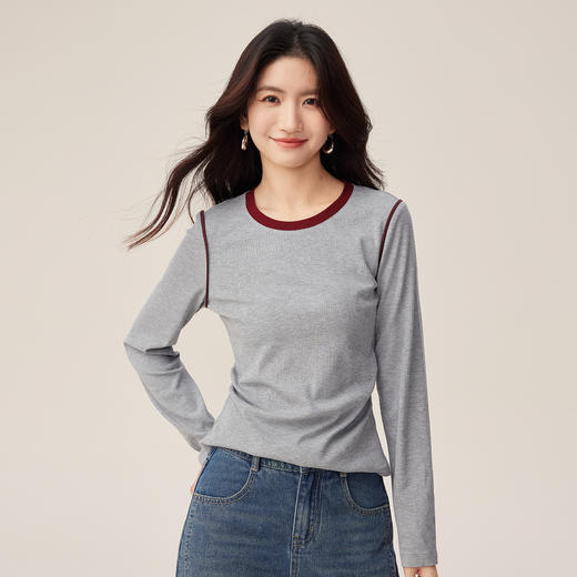 【09/17新品】熙世界设计感撞色圆领T恤女长袖2025秋季新款修身显瘦打底衫上衣 商品图2