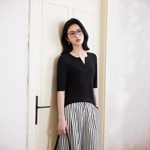 百媚生 天丝羊毛棉半开门襟五分袖袖针织衫19785133 商品图0