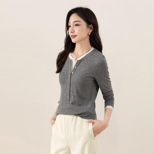 「高货xg」全新升级【铂金会员183/天猫239/差价56】(02114)洛诗琳拼接假两件T恤2025秋季洋气减龄显瘦天丝羊毛打底衫 商品图2