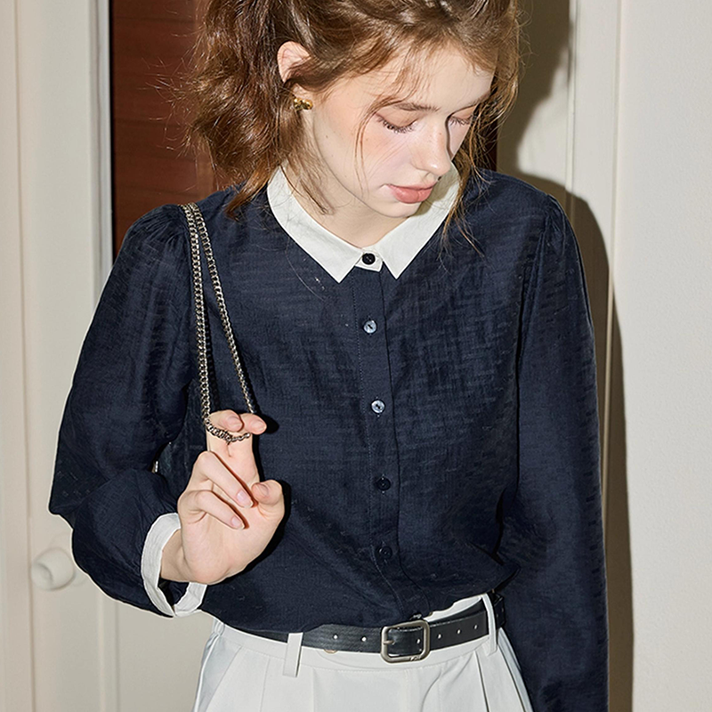 藏青天丝泡泡袖衬衫 ， 2025年夏末初秋，流行藏青色，显白、显高级【3-5天发货】